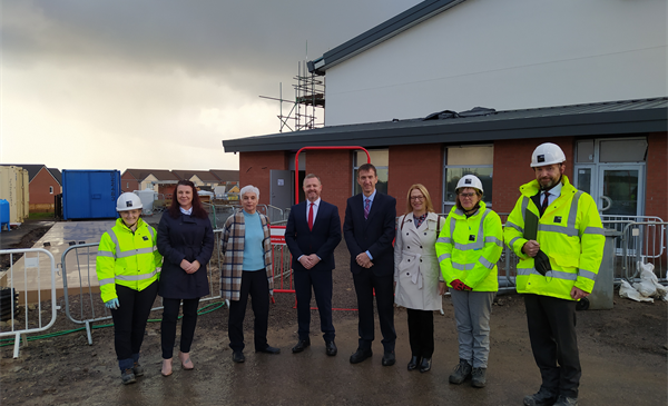 Rob, Paula, Jeremy Miles and ISG reps outside new Llancarfan School